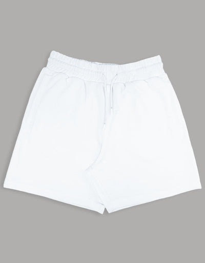 White relaxed terry shorts with elastic waistband and drawstring, unisex comfortable fit