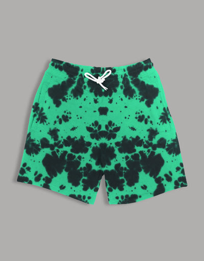 Green and black tie-dye Vibe-Dye Shorts with a relaxed unisex fit and side pockets