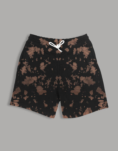 Black and brown tie-dye unisex Cloud-Dye Shorts with side pockets and white drawstring, made from soft cotton-polyester blend