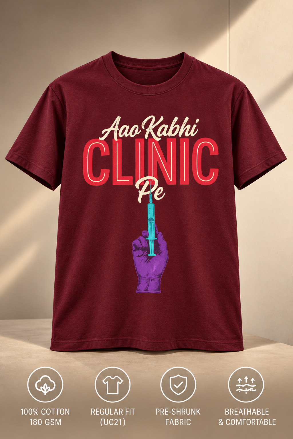 Aao Kabhi Clinic Pe doctor T-shirt front view in maroon